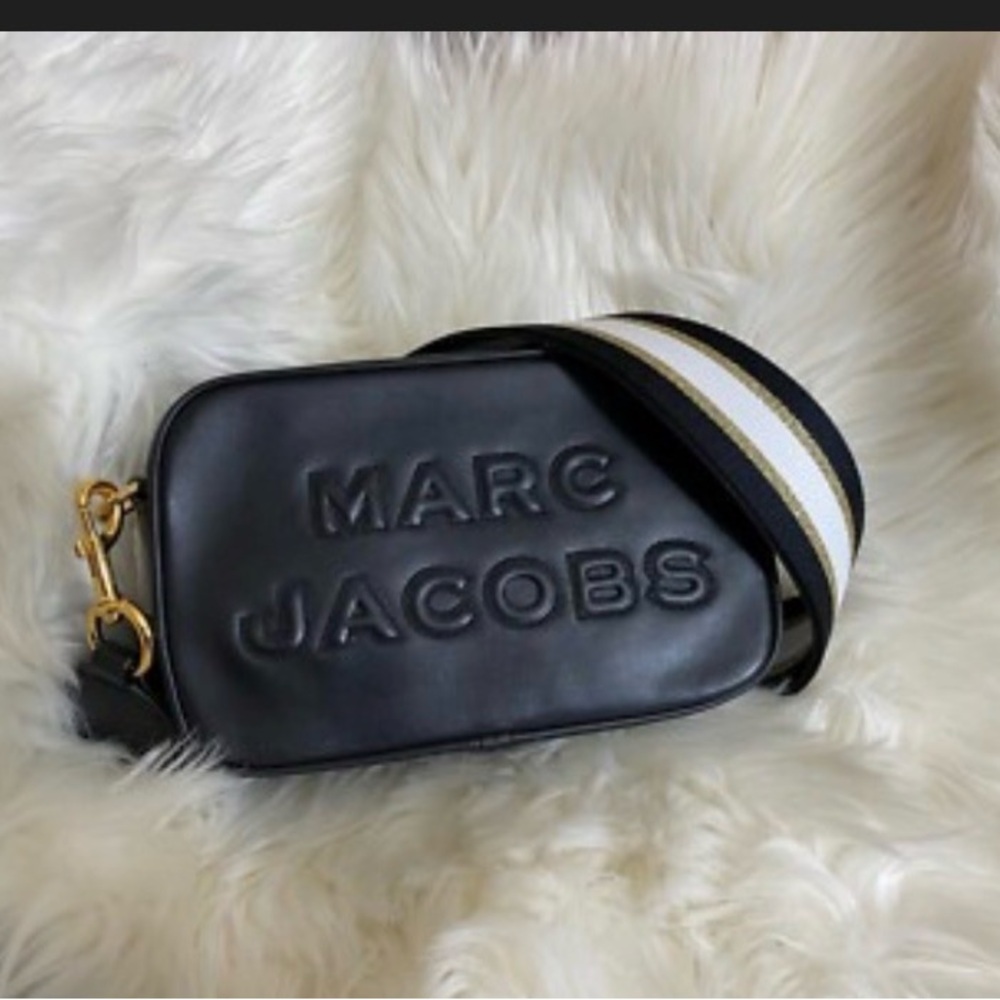 Marc Jacobs Black Leather Camera Bag with White and Gold-Trim Strap